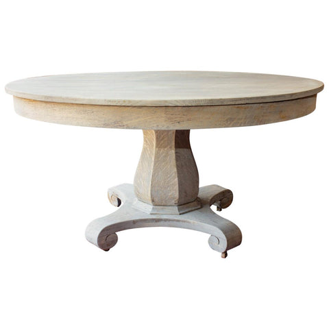 Antique Round Oak Pedestal Table in Light Greige Finish with Extension Leaves