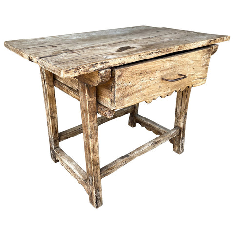 Early Spanish Rustic Oak Side Table with Drawer & Iron Pull