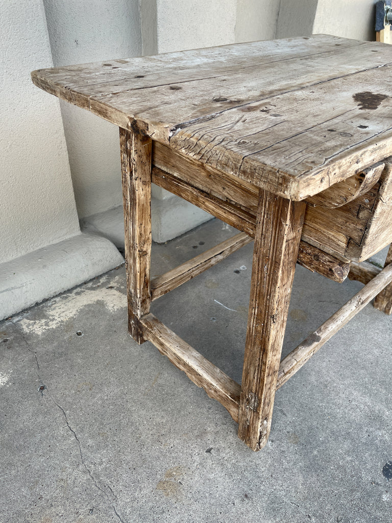 Early Spanish Rustic Oak Side Table with Drawer & Iron Pull