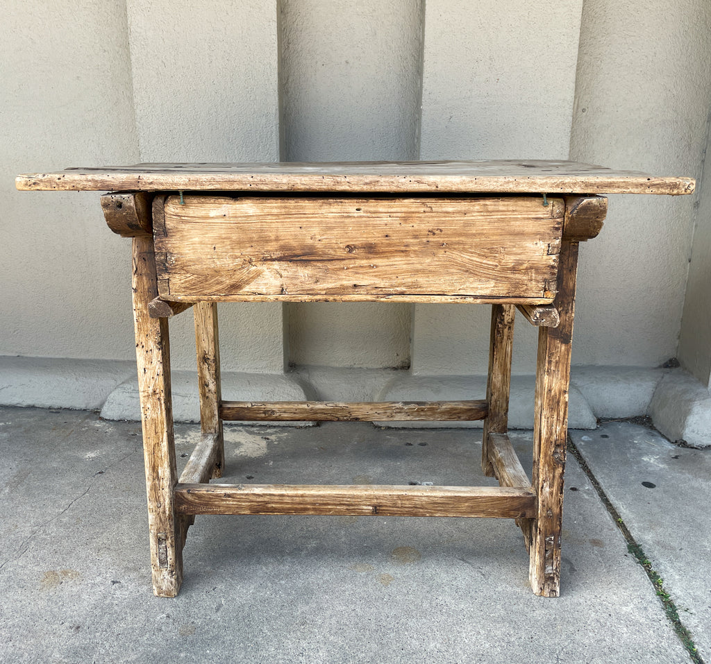 Early Spanish Rustic Oak Side Table with Drawer & Iron Pull