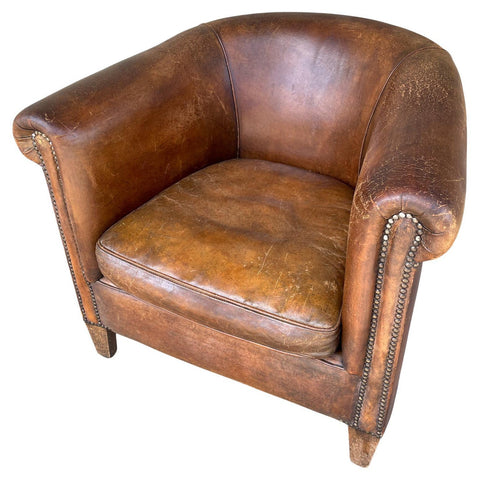 Vintage European Leather Tub Chair with Brass Nailhead Detail