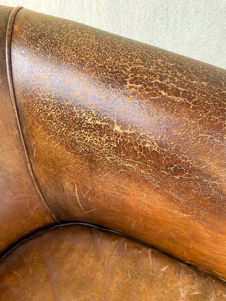 Vintage European Leather Tub Chair with Brass Nailhead Detail