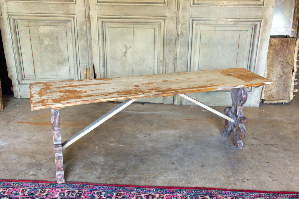 Distressed Finish Antique Swedish Wood Bench found in France
