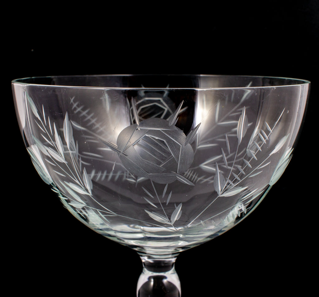 Vintage Etched Crystal Coupes with Rose Pattern | Set of 7