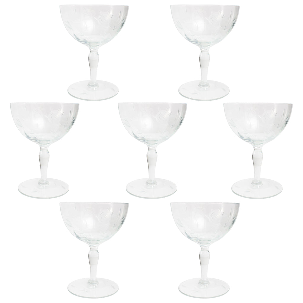 Vintage Etched Crystal Coupes with Rose Pattern | Set of 7