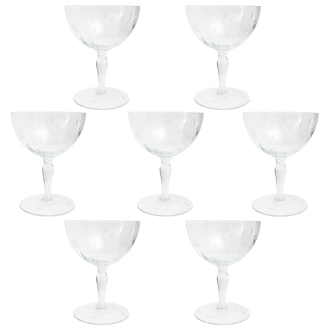 Vintage Etched Crystal Coupes with Rose Pattern | Set of 7