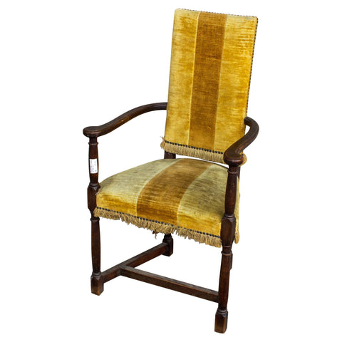 Antique Spanish Oak & Velvet Stripe Armchair with Fringe Detail
