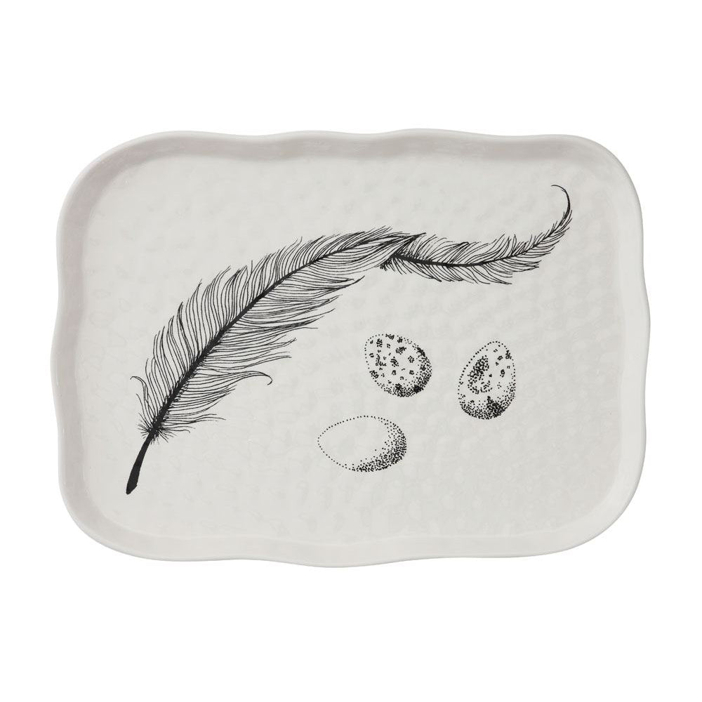 White Stoneware Tray with Feather Decoration (Food Safe)