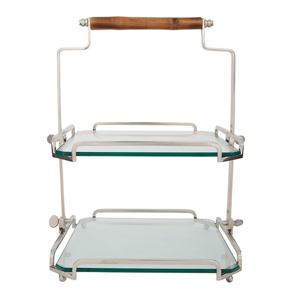 Belgian Glass & Metal Two-Tier Tray with Bamboo Handle