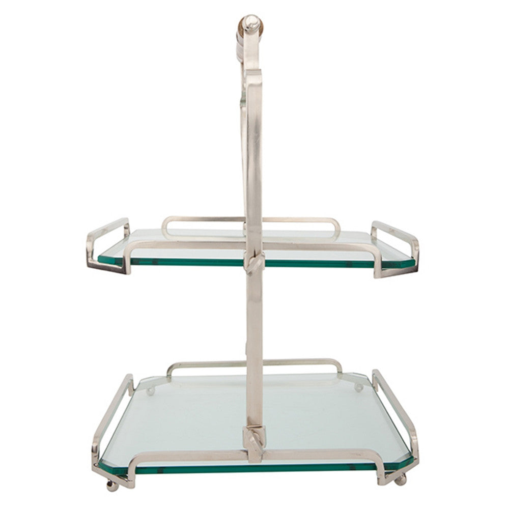 Belgian Glass & Metal Two-Tier Tray with Bamboo Handle