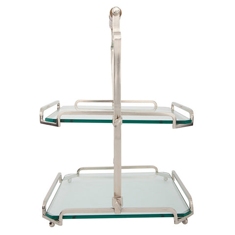 Belgian Glass & Metal Two-Tier Tray with Bamboo Handle