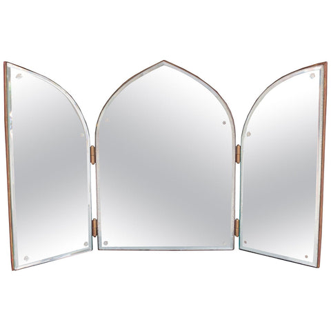 1940s French Triptych Folding Vanity Mirror with Beveled Detail