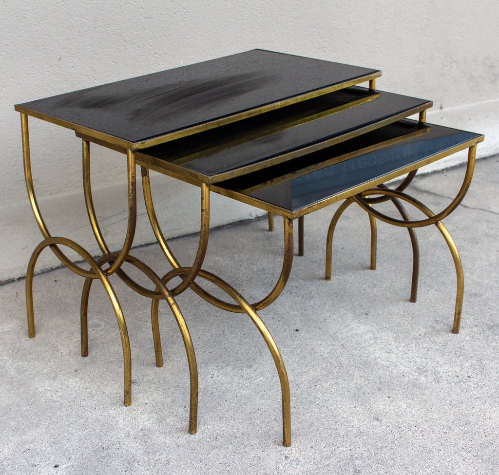 1950s Mod French Brass & Black Glass Nesting Tables, Set of Three