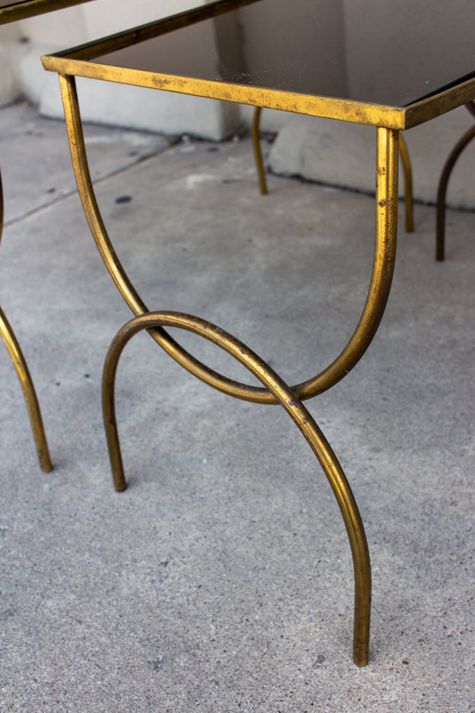 1950s Mod French Brass & Black Glass Nesting Tables, Set of Three