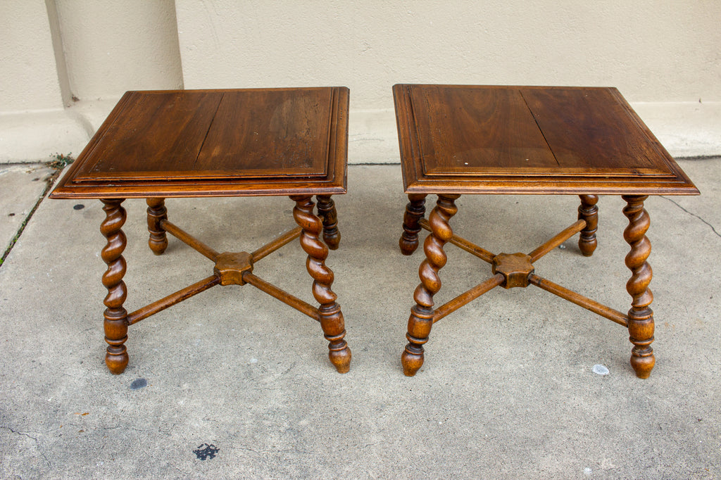 Pair of French Wood Jacobean Style Barley Twist Leg Side Tables, circa 1900
