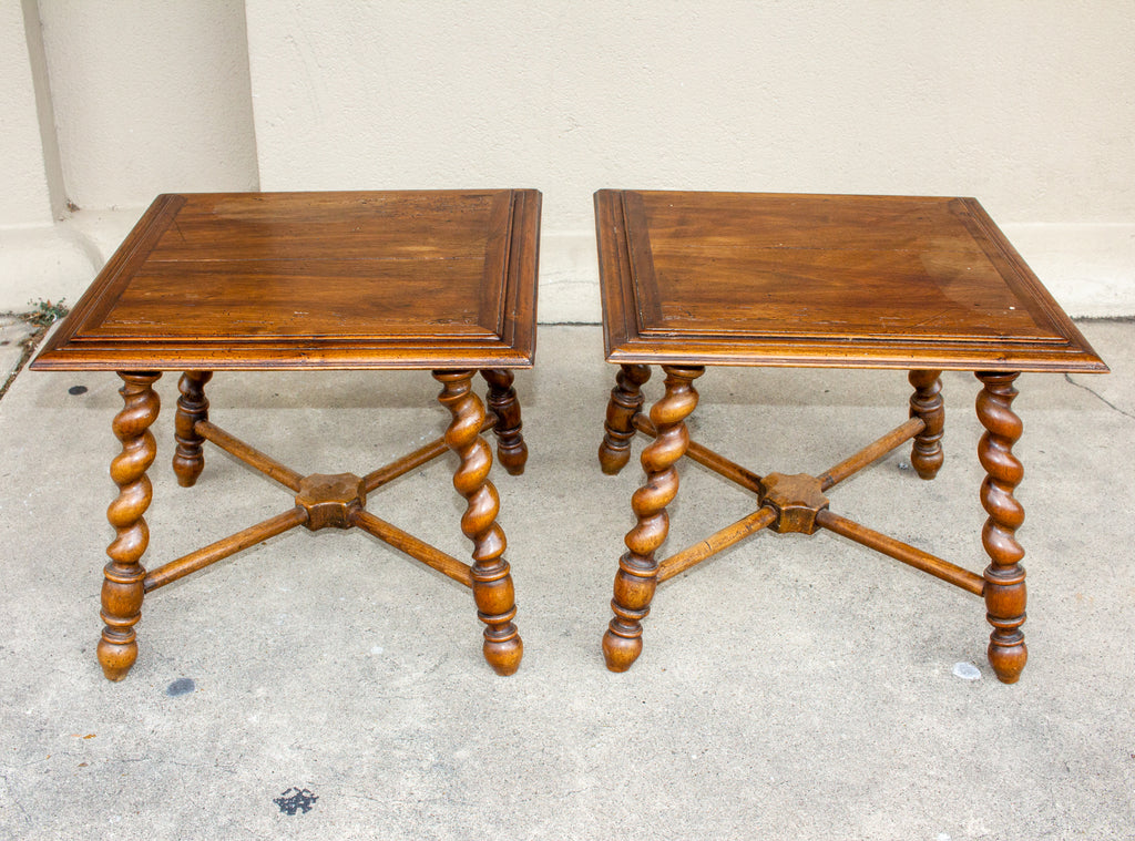 Pair of French Wood Jacobean Style Barley Twist Leg Side Tables, circa 1900