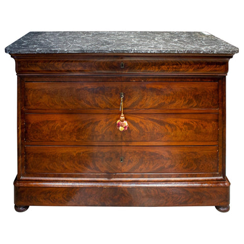 Antique French Louis Philippe Mahogany Veneer Commode with Marble Top