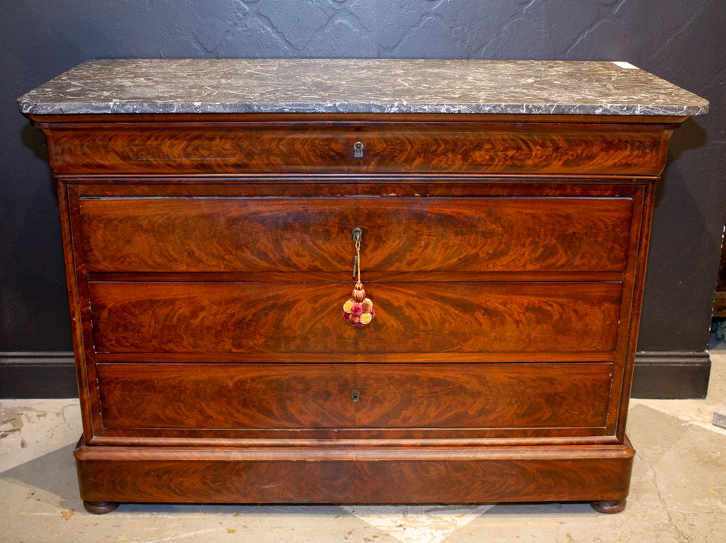Antique French Louis Philippe Mahogany Veneer Commode with Marble Top