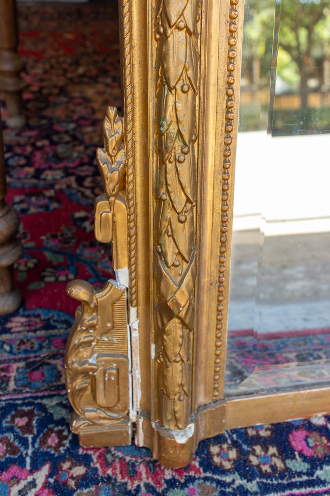 Antique French Rectangular Gilt Mirror with Ornate Cartouche & Laurel Detail