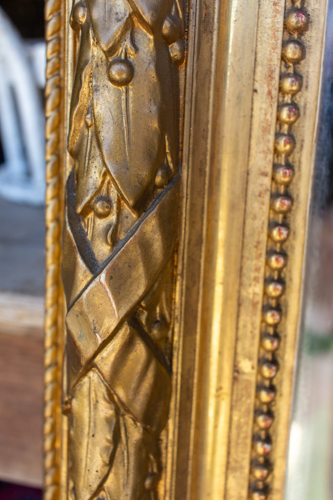 Antique French Rectangular Gilt Mirror with Ornate Cartouche & Laurel Detail