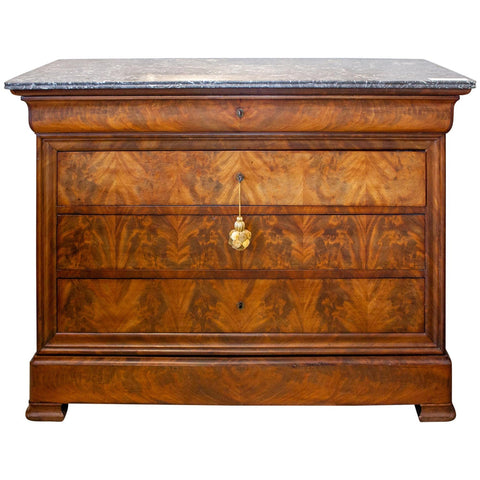 Antique French Louis Philippe Commode with Belgian Marble Top & Mahogany Veneer