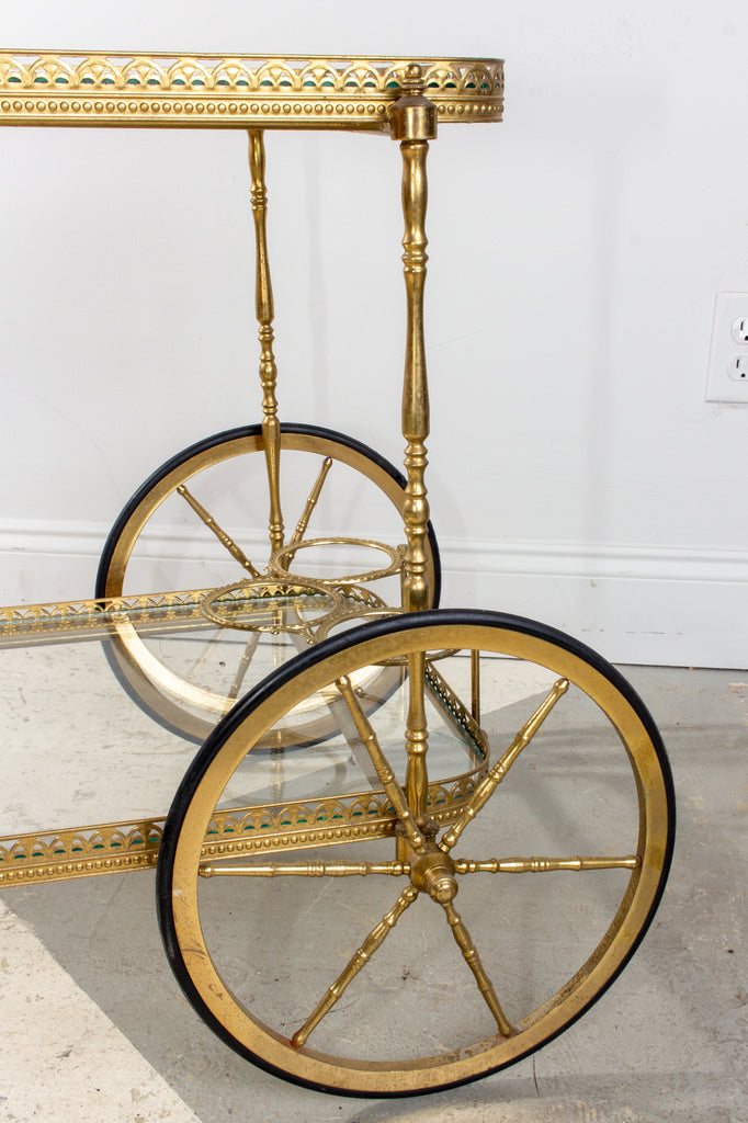 Mid-Century French Brass & Glass Trolley Style Bar Cart with Large Wheels
