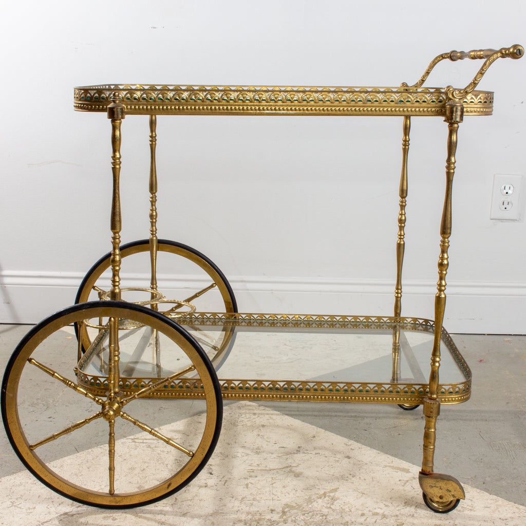 Mid-Century French Brass & Glass Trolley Style Bar Cart with Large Wheels