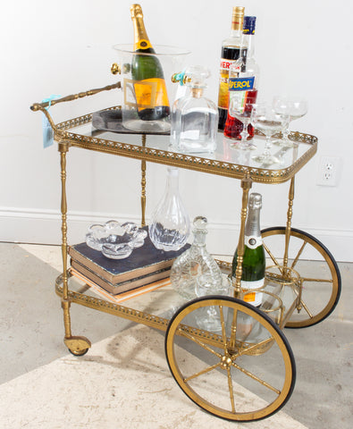 Mid-Century French Brass & Glass Trolley Style Bar Cart with Large Wheels