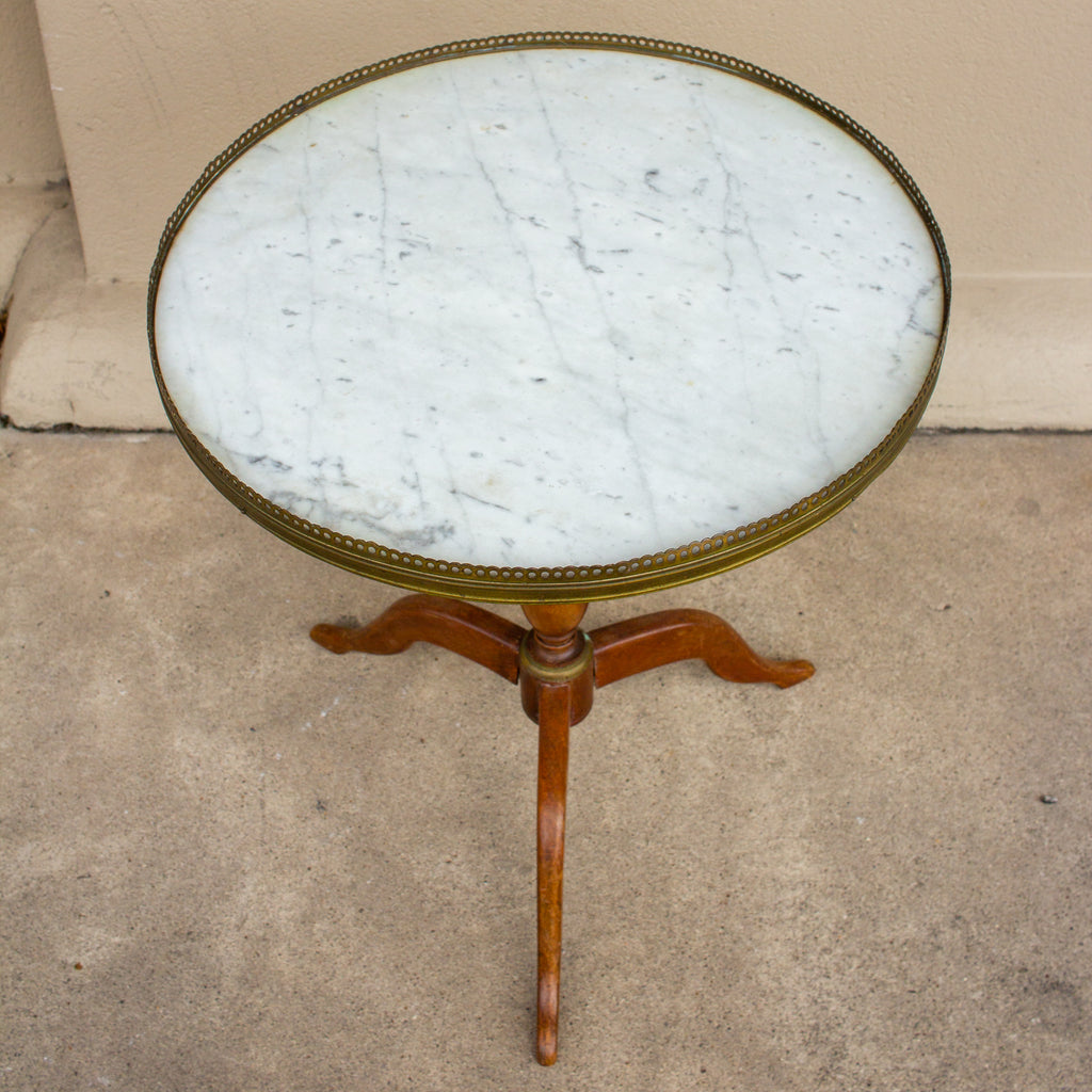 1940s French Wood and Marble Pedestal Side Table with Gallery Edge