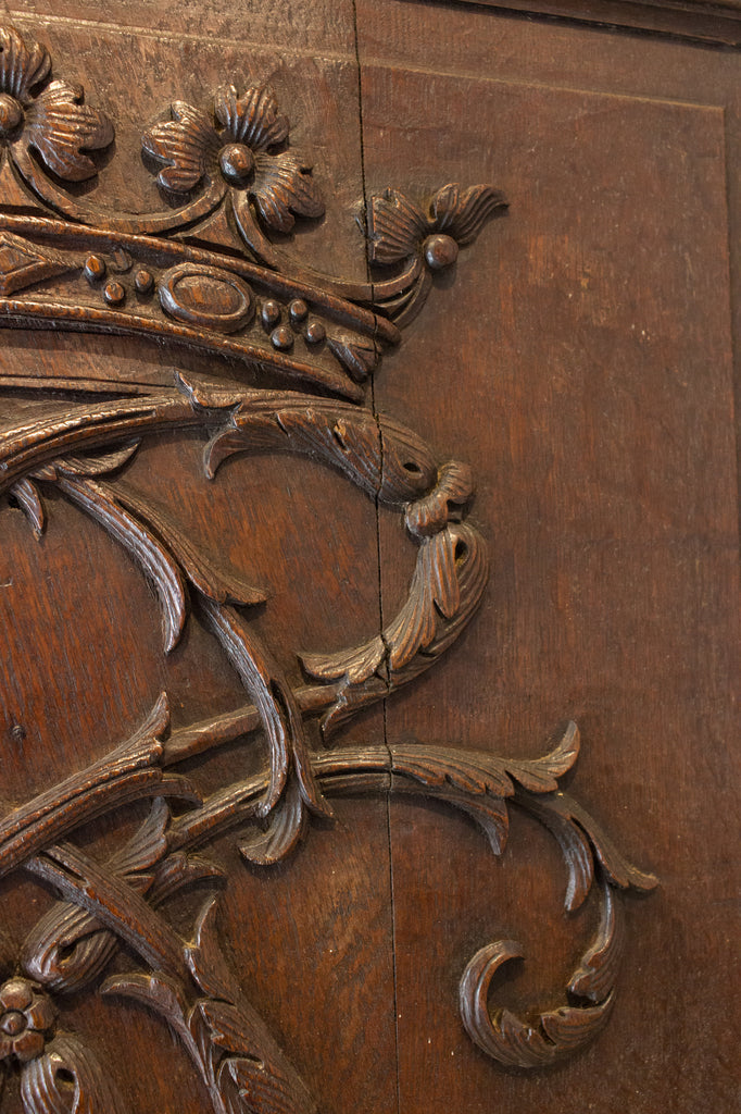 19th c European Hand-Carved Wood Panel with Royal Monogram, ca. 1850