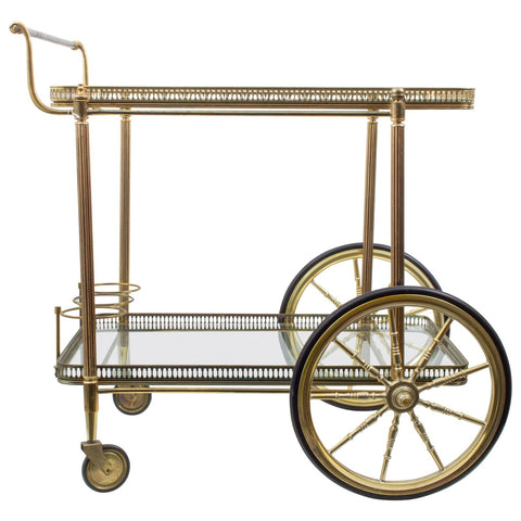 Vintage French Brass & Glass Trolley Style Bar Cart with Large Wheels