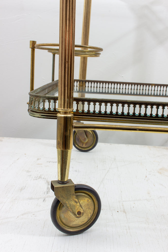 Vintage French Brass & Glass Trolley Style Bar Cart with Large Wheels