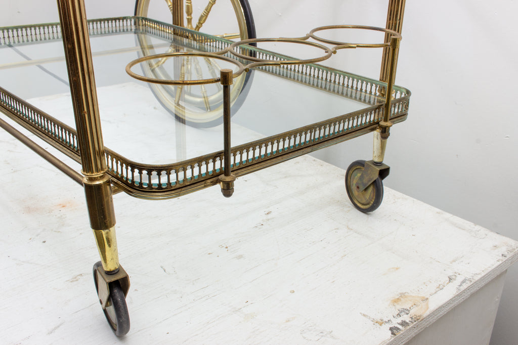 Vintage French Brass & Glass Trolley Style Bar Cart with Large Wheels