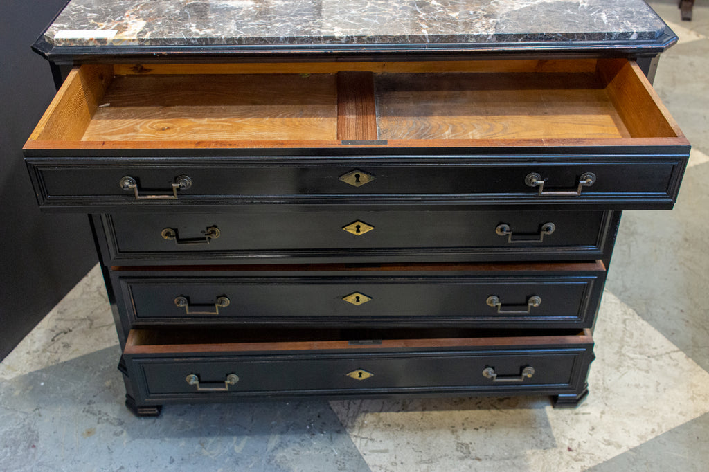 19th C French Louis Philippe Black Painted Chest with Marble Top, circa 1870