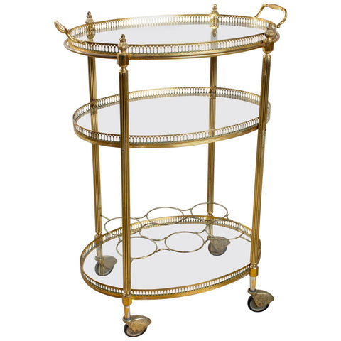 Mid-Century French Brass & Glass Oval Bar Cart with Removable Top Tray