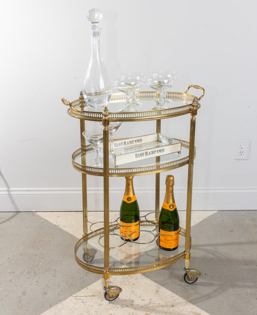 Mid-Century French Brass & Glass Oval Bar Cart with Removable Top Tray