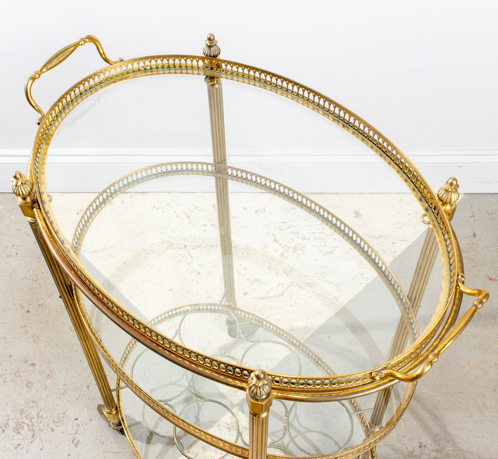 Mid-Century French Brass & Glass Oval Bar Cart with Removable Top Tray