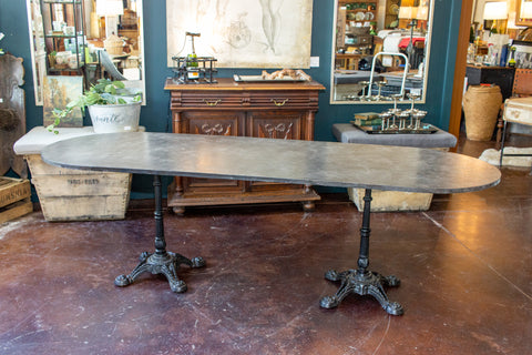 Vintage English Faux Marble Painted Long Bistro Table with French Iron Bases