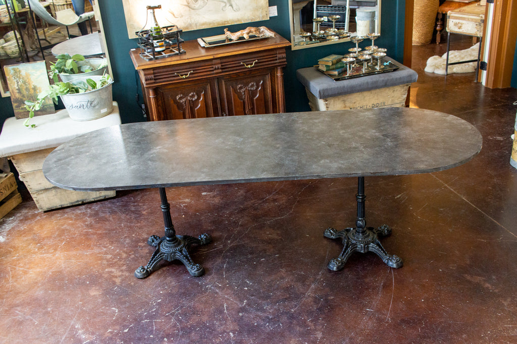 Vintage English Faux Marble Painted Long Bistro Table with French Iron Bases
