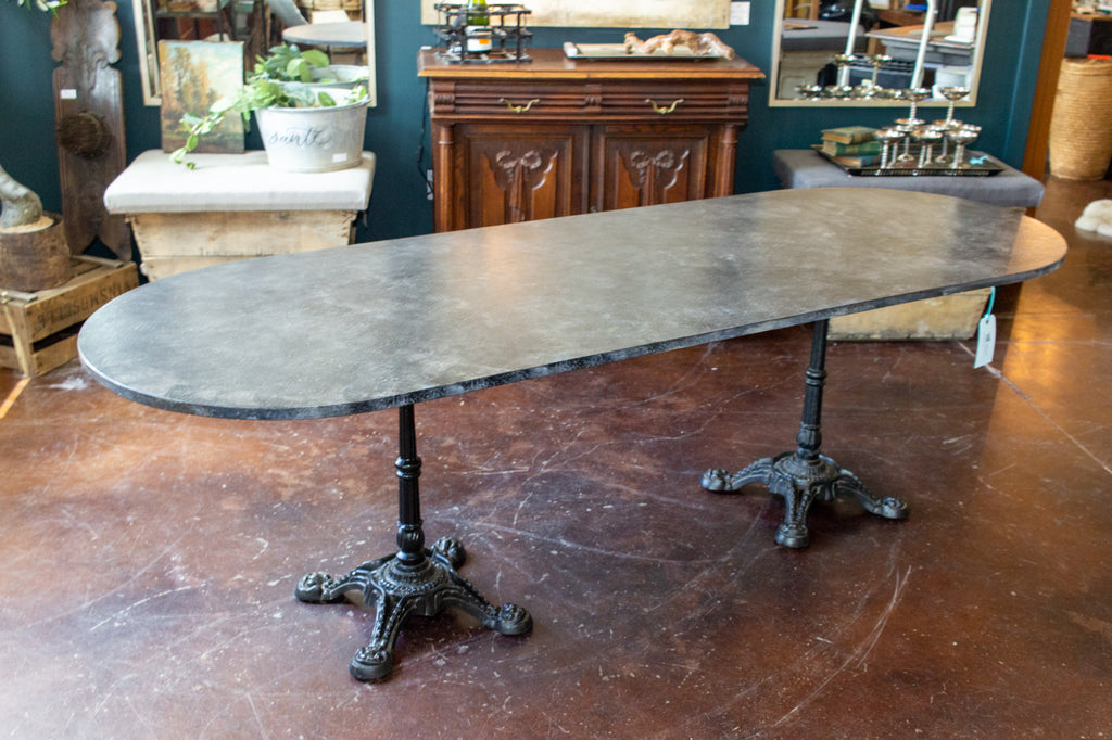 Vintage English Faux Marble Painted Long Bistro Table with French Iron Bases