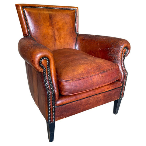 Vintage European Leather Club Chair with Brass Nailhead Detail