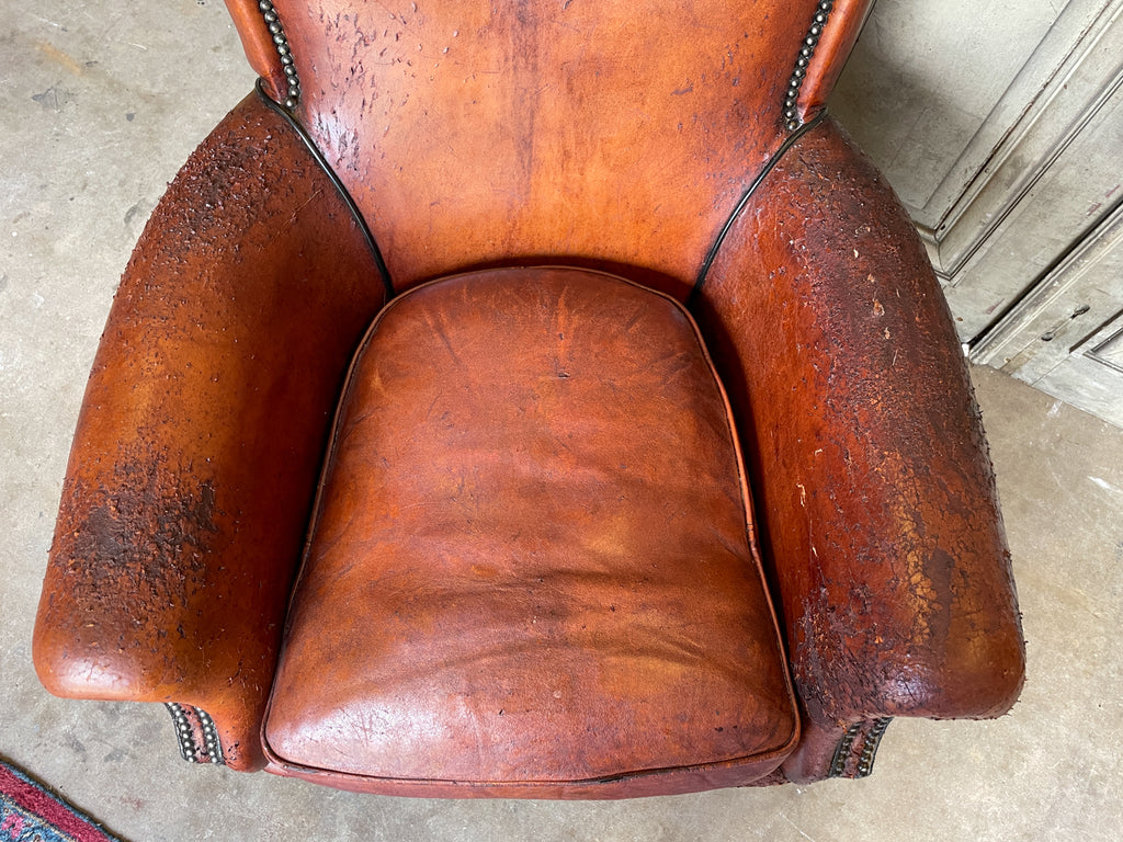 Vintage European Leather Club Chair with Brass Nailhead Detail
