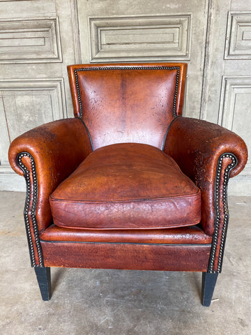 Vintage European Leather Club Chair with Brass Nailhead Detail