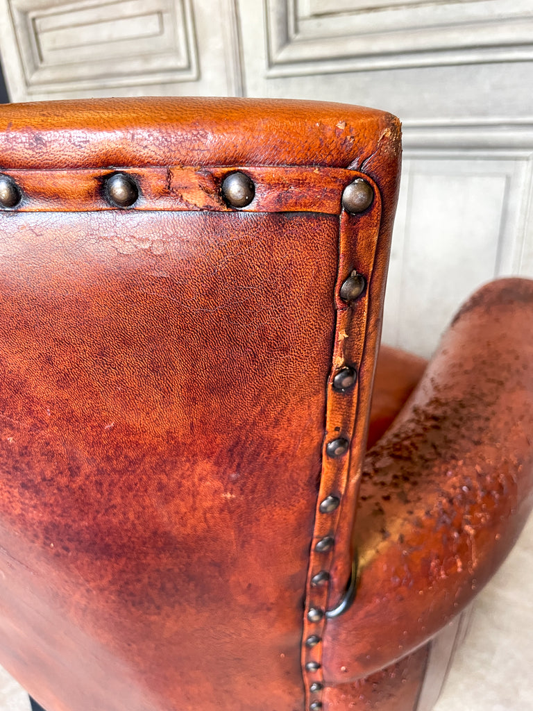 Vintage European Leather Club Chair with Brass Nailhead Detail