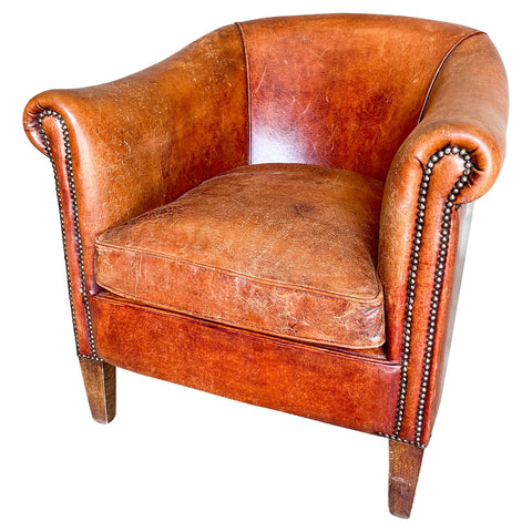 Vintage European Leather Tub Chair with Brass Nailhead Detail