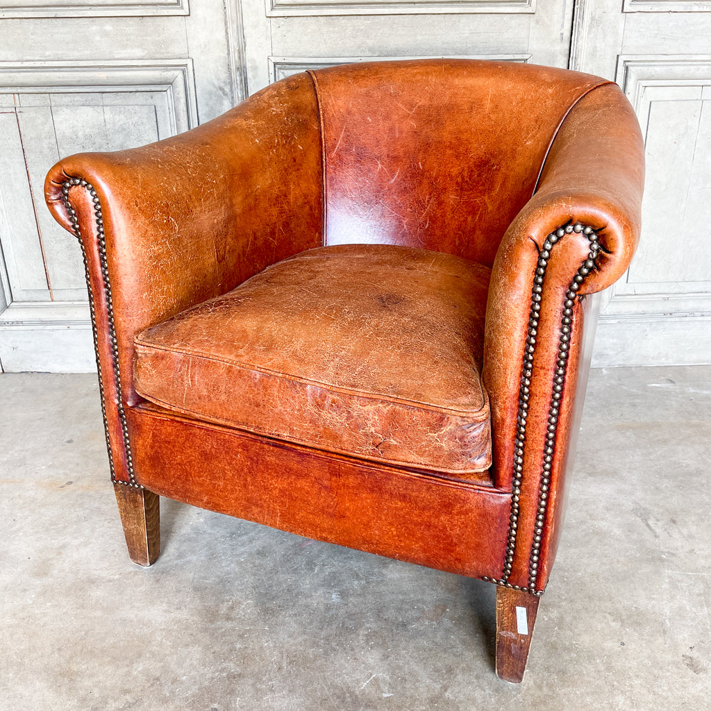 Vintage European Leather Tub Chair with Brass Nailhead Detail