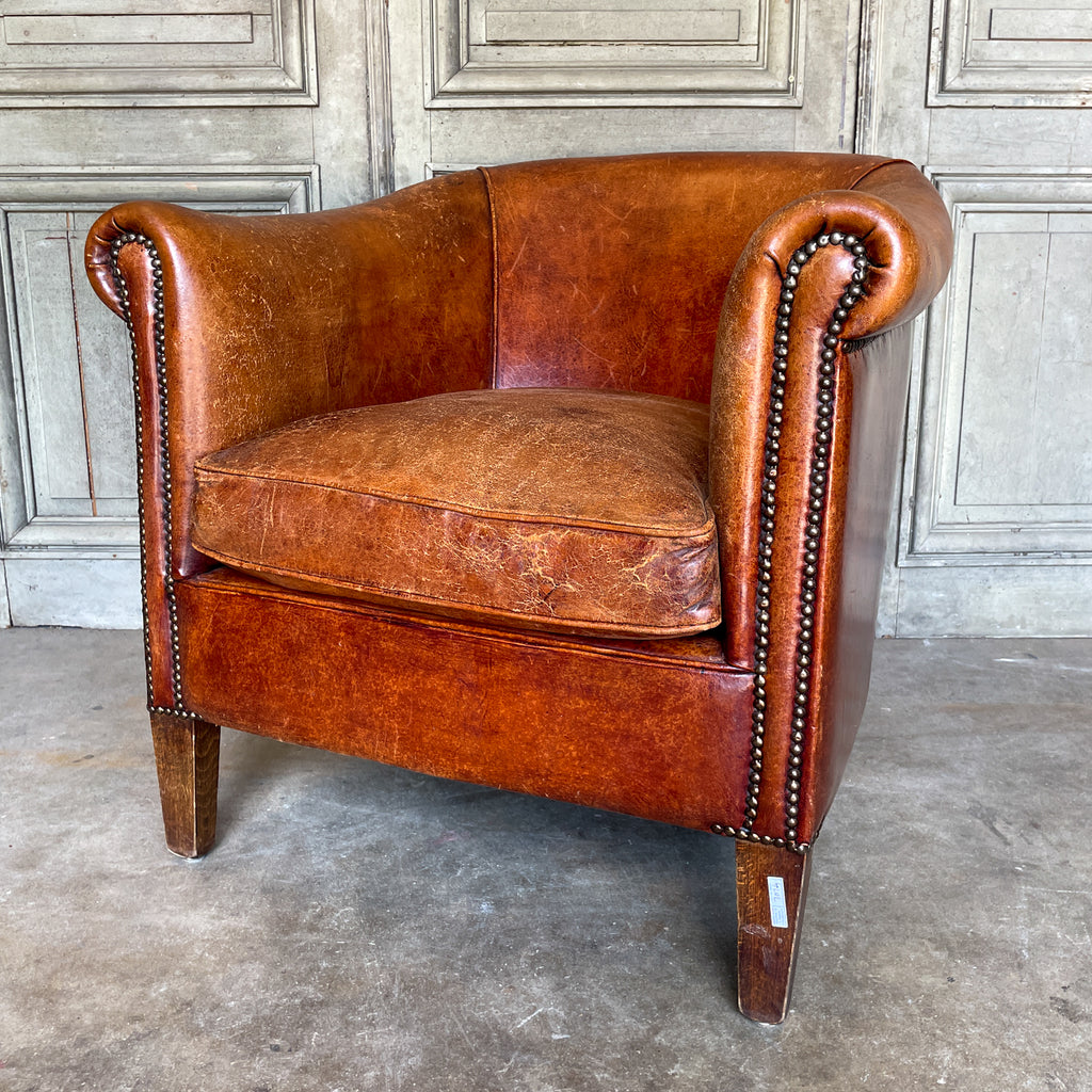 Vintage European Leather Tub Chair with Brass Nailhead Detail