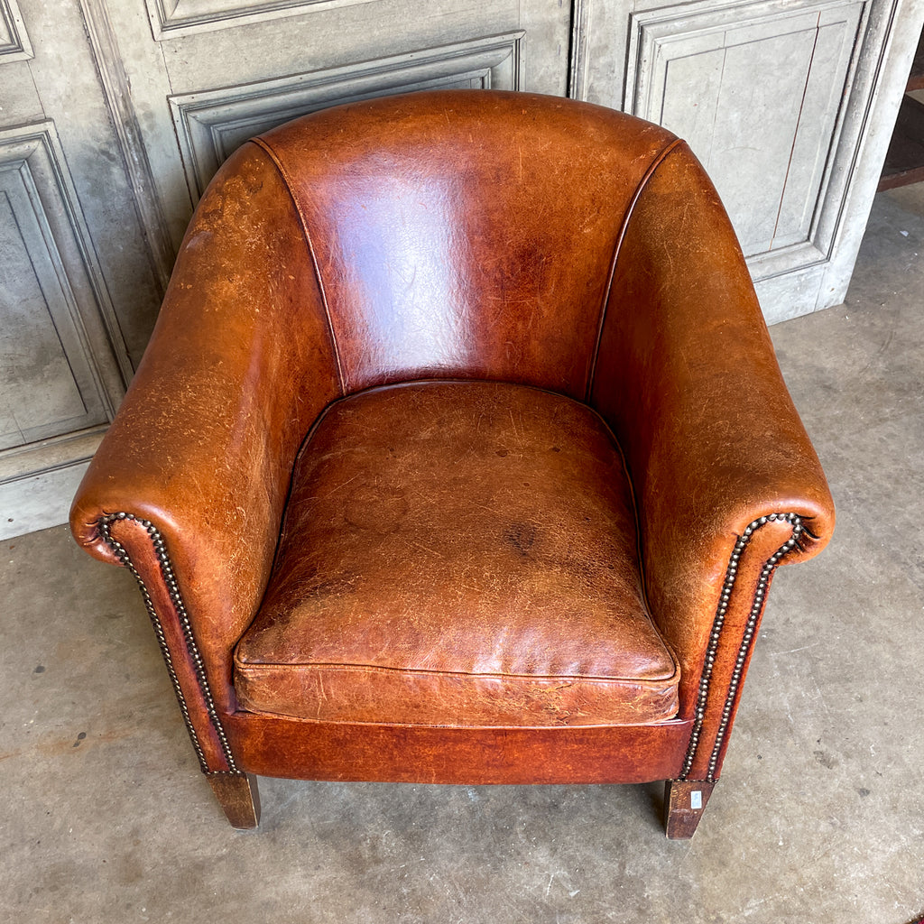 Vintage European Leather Tub Chair with Brass Nailhead Detail