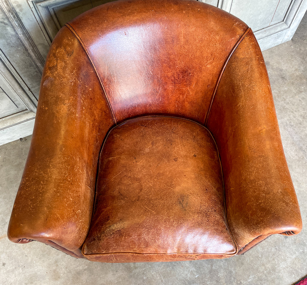 Vintage European Leather Tub Chair with Brass Nailhead Detail