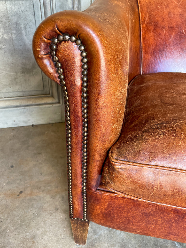 Vintage European Leather Tub Chair with Brass Nailhead Detail